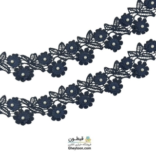 نوار گل ریز دو تایی سرمه ای گیپور مروارید دار