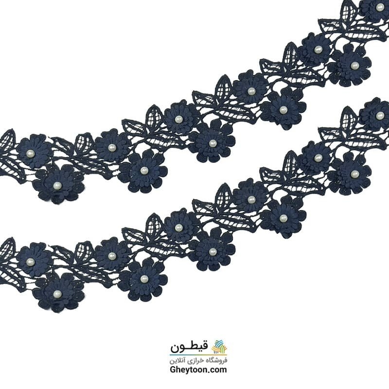 نوار گل ریز دو تایی سرمه ای گیپور مروارید دار