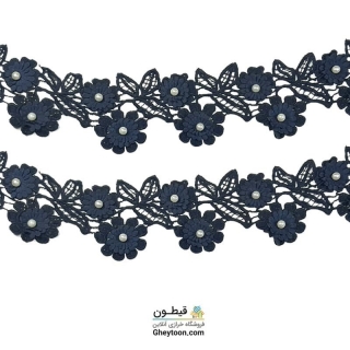 نوار گل ریز دو تایی سرمه ای گیپور مروارید دار