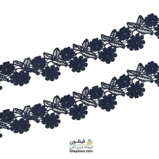 نوار گل ریز دو تایی سرمه ای گیپور مروارید دار