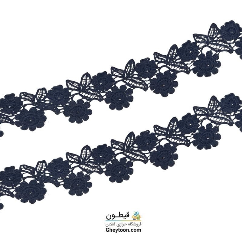 نوار گل ریز دو تایی سرمه ای گیپور مروارید دار