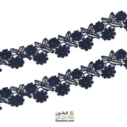 نوار گل ریز دو تایی سرمه ای گیپور مروارید دار