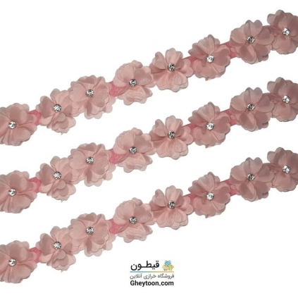 نوار گل حریر جنس ساتن کوچک نگین دار صورتی