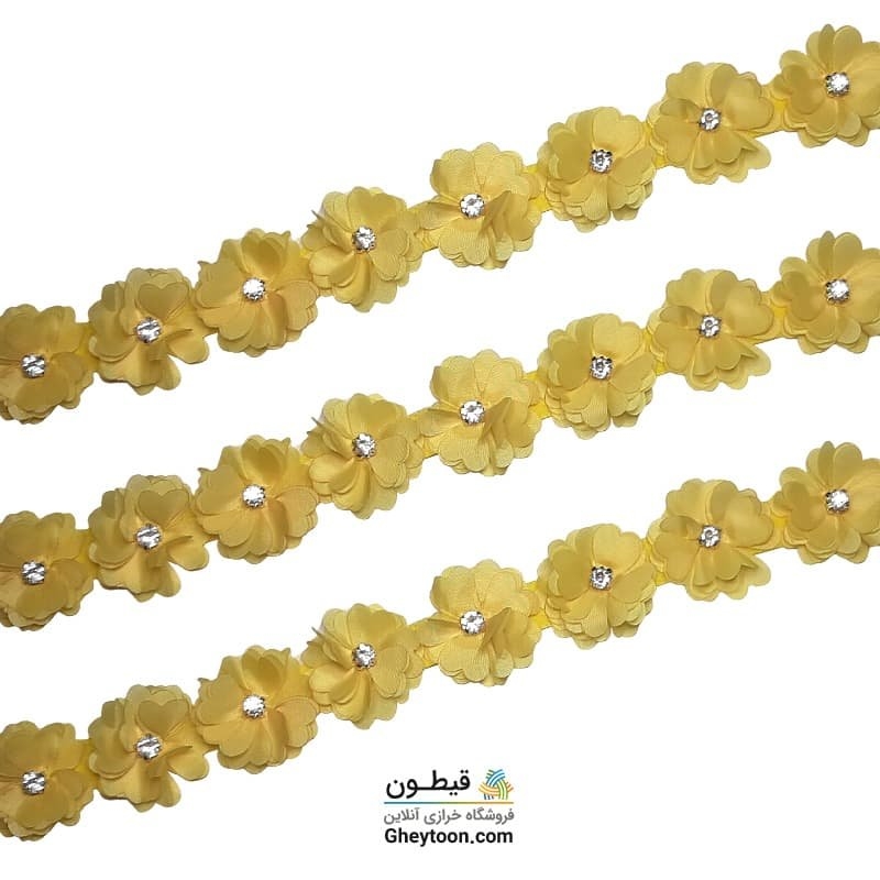 نوار گل حریر جنس ساتن کوچک نگین دار زرد