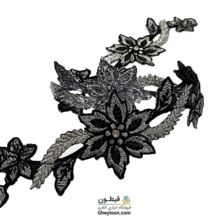 نوار گل گلدوزی نگین دار حرارتی اپلیکه ای طلایی مشکی