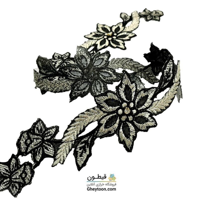 نوار گل گلدوزی نگین دار حرارتی اپلیکه ای کرمی