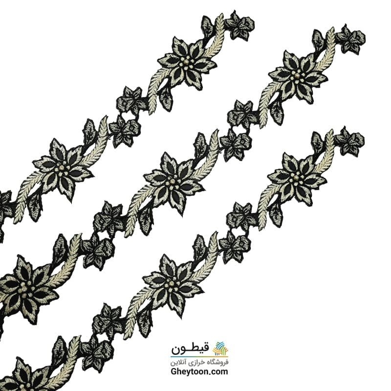 نوار گل گلدوزی نگین دار حرارتی اپلیکه ای کرمی