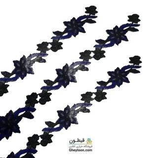 نوار گل گلدوزی نگین دار حرارتی اپلیکه ای آبی کاربنی