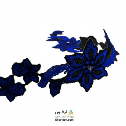نوار گل گلدوزی نگین دار حرارتی اپلیکه ای آبی کاربنی