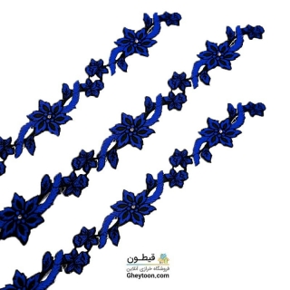 نوار گل گلدوزی نگین دار حرارتی اپلیکه ای آبی کاربنی