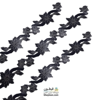نوار گل گلدوزی نگین دار حرارتی اپلیکه ای سرمه ای