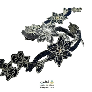 نوار گل گلدوزی نگین دار حرارتی اپلیکه ای سرمه ای