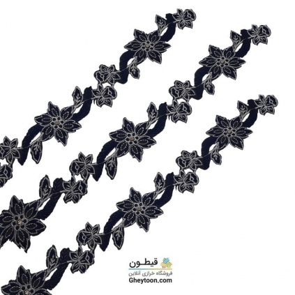 نوار گل گلدوزی نگین دار حرارتی اپلیکه ای سرمه ای