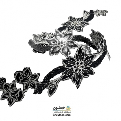 نوار گل گلدوزی نگین دار حرارتی اپلیکه ای مشکی