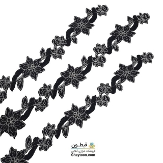 نوار گل گلدوزی نگین دار حرارتی اپلیکه ای مشکی