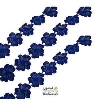 نوار گل حریر دوز گلدوزی شده ایرانی نگین دار آبی کاربنی