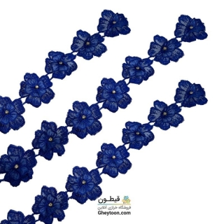 نوار گل حریر دوز گلدوزی شده ایرانی نگین دار آبی کاربنی