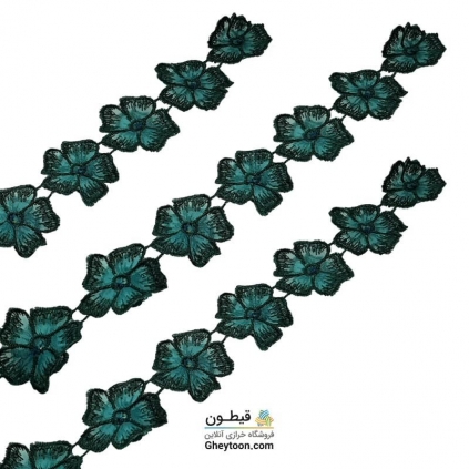 نوار گل حریر دوز گلدوزی شده ایرانی نگین دار سبز