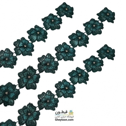 نوار گل حریر دوز گلدوزی شده ایرانی نگین دار سبز