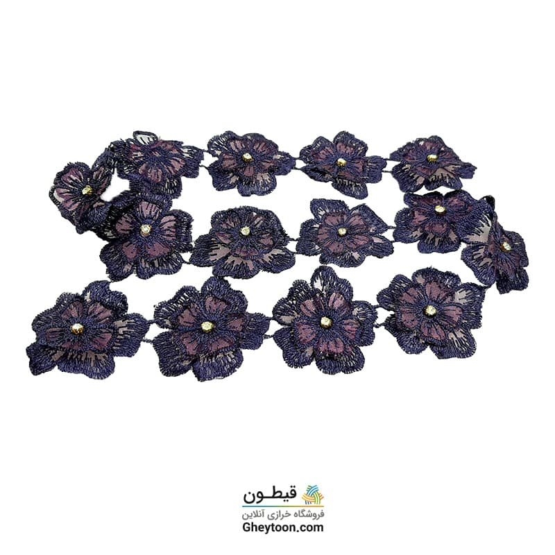 نوار گل حریر دوز گلدوزی شده ایرانی نگین دار بنفش