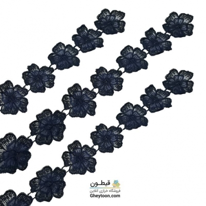 نوار گل حریر دوز گلدوزی شده ایرانی نگین دار سرمه ای