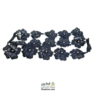نوار گل حریر دوز گلدوزی شده ایرانی نگین دار سرمه ای