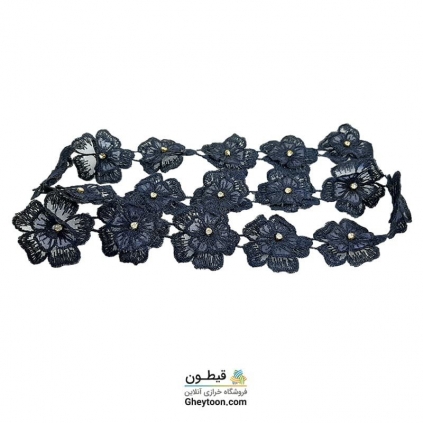 نوار گل حریر دوز گلدوزی شده ایرانی نگین دار سرمه ای