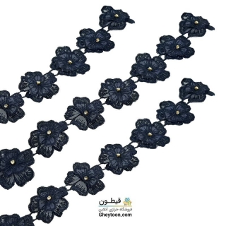 نوار گل حریر دوز گلدوزی شده ایرانی نگین دار سرمه ای