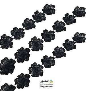 نوار گل حریر دوز گلدوزی شده ایرانی نگین دار مشکی