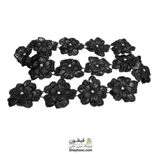 نوار گل حریر دوز گلدوزی شده ایرانی نگین دار مشکی