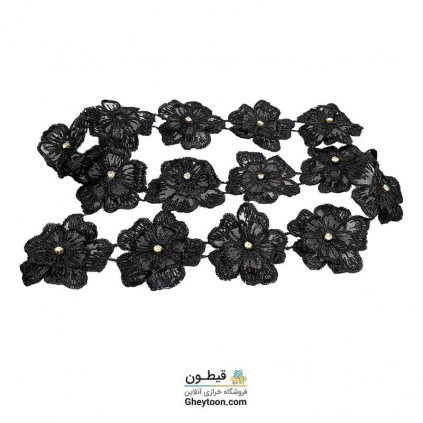 نوار گل حریر دوز گلدوزی شده ایرانی نگین دار مشکی