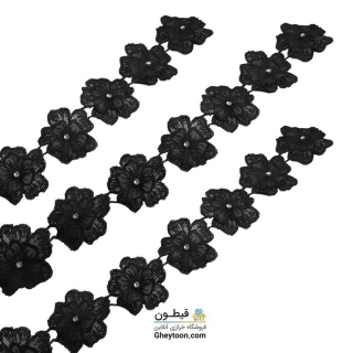 نوار گل حریر دوز گلدوزی شده ایرانی نگین دار مشکی