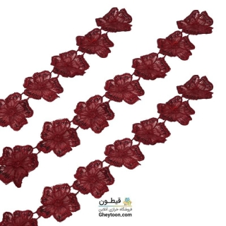 نوار گل حریر دوز گلدوزی شده ایرانی نگین دار زرشکی