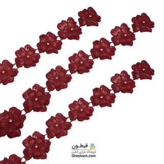 نوار گل حریر دوز گلدوزی شده ایرانی نگین دار زرشکی