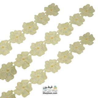 نوار گل حریر دوز گلدوزی شده ایرانی نگین دار لیمویی