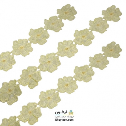 نوار گل حریر دوز گلدوزی شده ایرانی نگین دار لیمویی