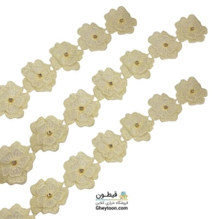 نوار گل حریر دوز گلدوزی شده ایرانی نگین دار لیمویی