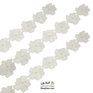 نوار گل حریر دوز گلدوزی شده ایرانی نگین دار سفید