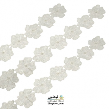 نوار گل حریر دوز گلدوزی شده ایرانی نگین دار سفید