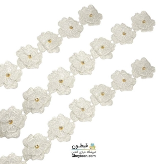 نوار گل حریر دوز گلدوزی شده ایرانی نگین دار سفید