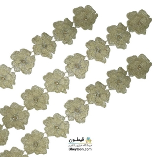 نوار گل حریر دوز گلدوزی شده ایرانی نگین دار طلایی